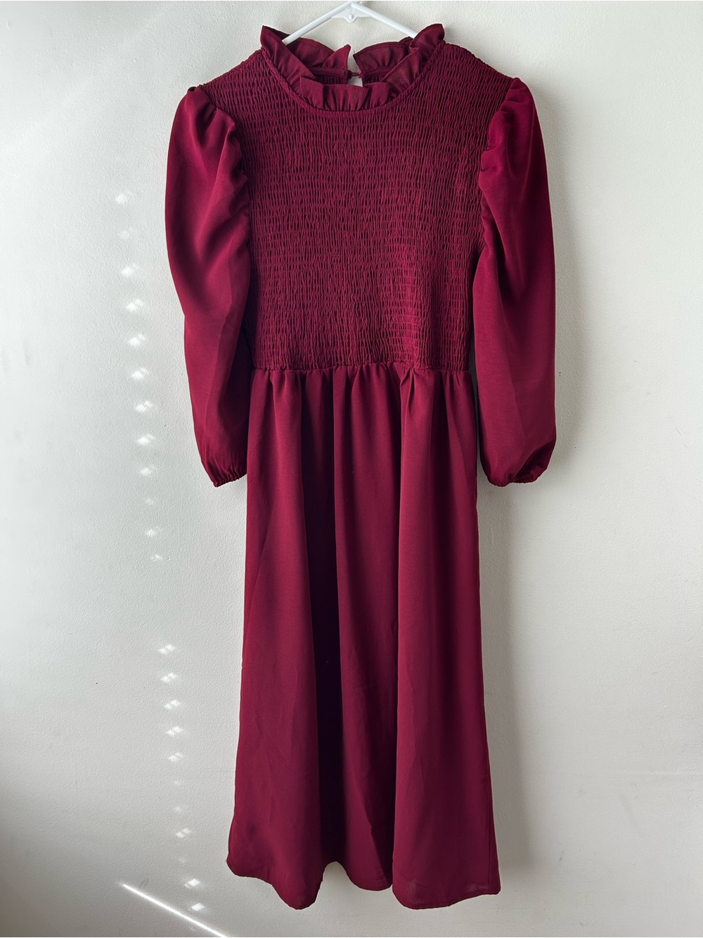 Cottagecore Roolee Modest Midi Dress Smocked Ruffle Collar Burgundy XS